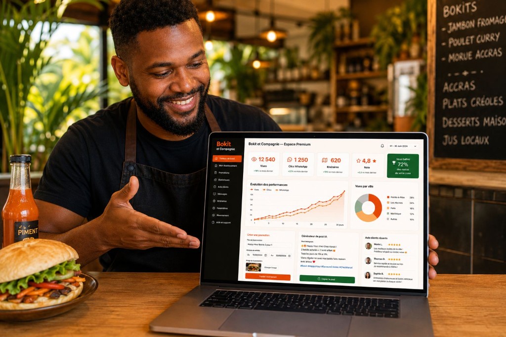 Restaurateur présentant l'espace premium Bokit et Compagnie sur ordinateur portable